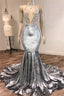 Black Girl Formal Prom Dresses Open Back Silver Velvet Formal Prom Dresses Cheap | Mermaid Sexy V-Neck Crystals Appliques Formal Evening Gowns