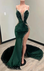 Black Girl Formal Prom Dresses Long Mermaid Green Formal Prom Gown With Train