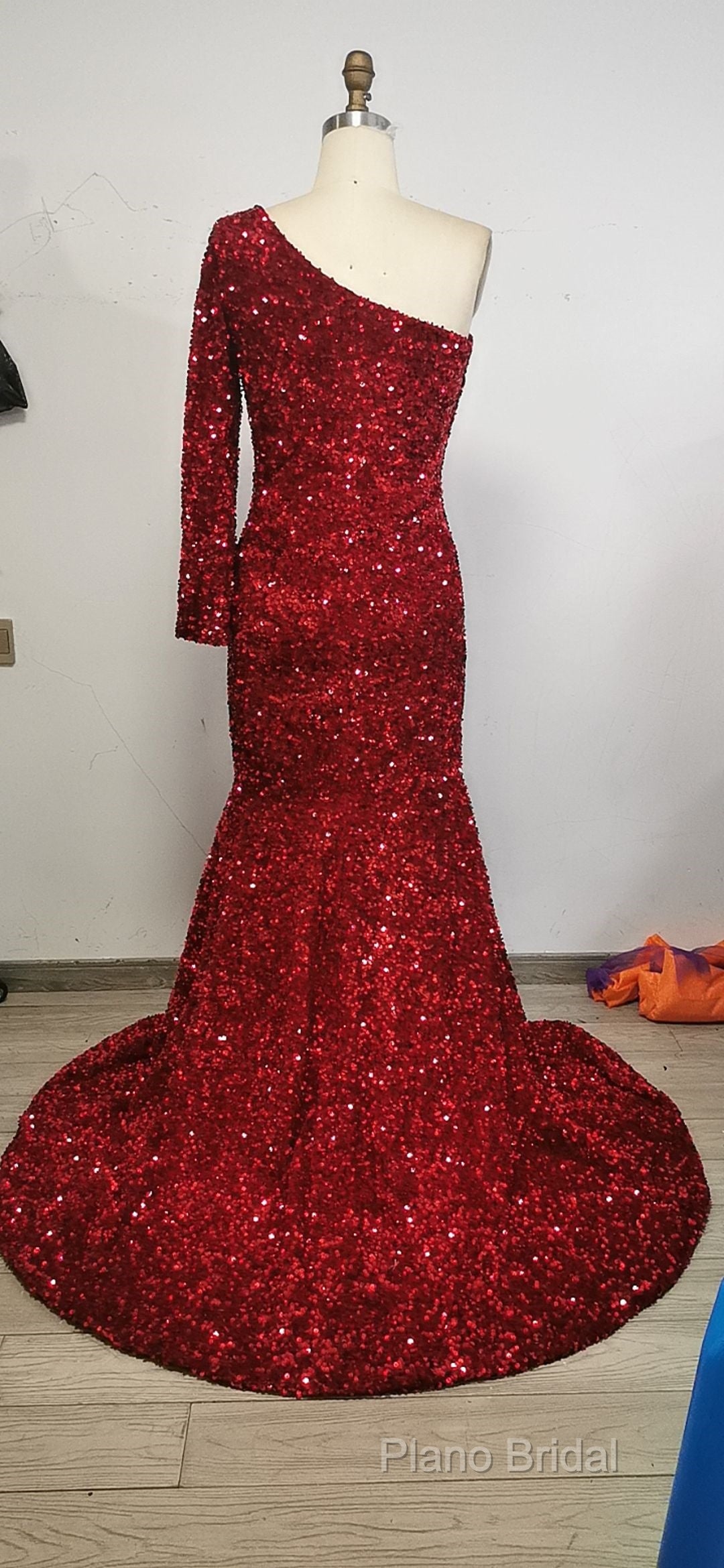 Black Girl Formal Prom Dresses One Shoulder Mermaid Red Formal Prom Dresses | Cheap Sequins Formal Gowns Secondary image