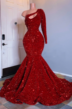 Black Girl Formal Prom Dresses One Shoulder Mermaid Red Formal Prom Dresses | Cheap Sequins Formal Evening Gowns