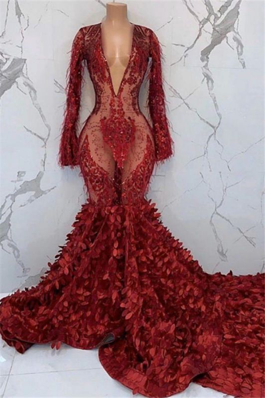 Black Girl Formal Prom Dresses Sexy Deep V-Neck Appliques Formal Prom Dresses | Feather Long Sleeve Mermaid Formal Evening Gowns Secondary image