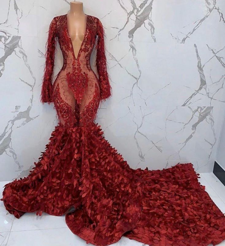 Black Girl Formal Prom Dresses Sexy Deep V-Neck Appliques Formal Prom Dresses | Feather Long Sleeve Mermaid Formal Evening Gowns