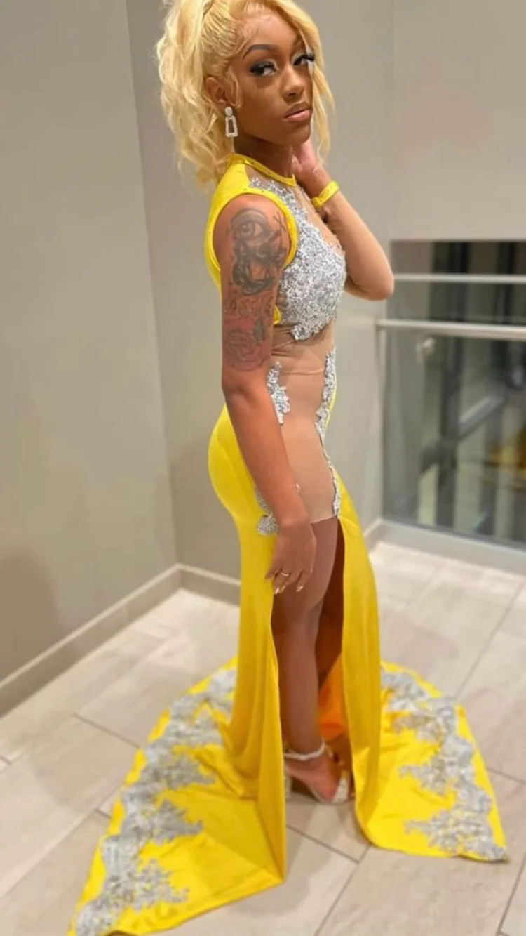 Black Girl Yellow Lace Formal Evening Dresses,Silver Lace Formal Prom Dresses, Sexy Formal Evening Dresses