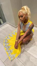 Black Girl Yellow Lace Formal Evening Dresses,Silver Lace Formal Prom Dresses, Sexy Formal Evening Dresses