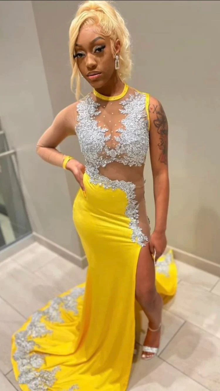 Black Girl Yellow Lace Formal Evening Dresses,Silver Lace Formal Prom Dresses, Sexy Formal Evening Dresses