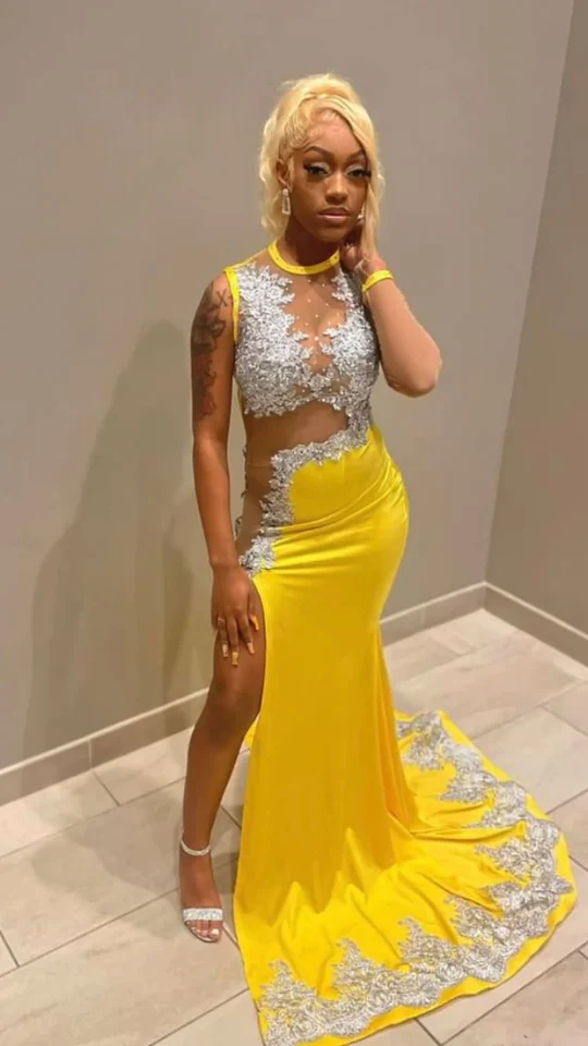 Black Girl Yellow Lace Formal Evening Dresses,Silver Lace Formal Prom Dresses, Sexy Formal Evening Dresses Main image