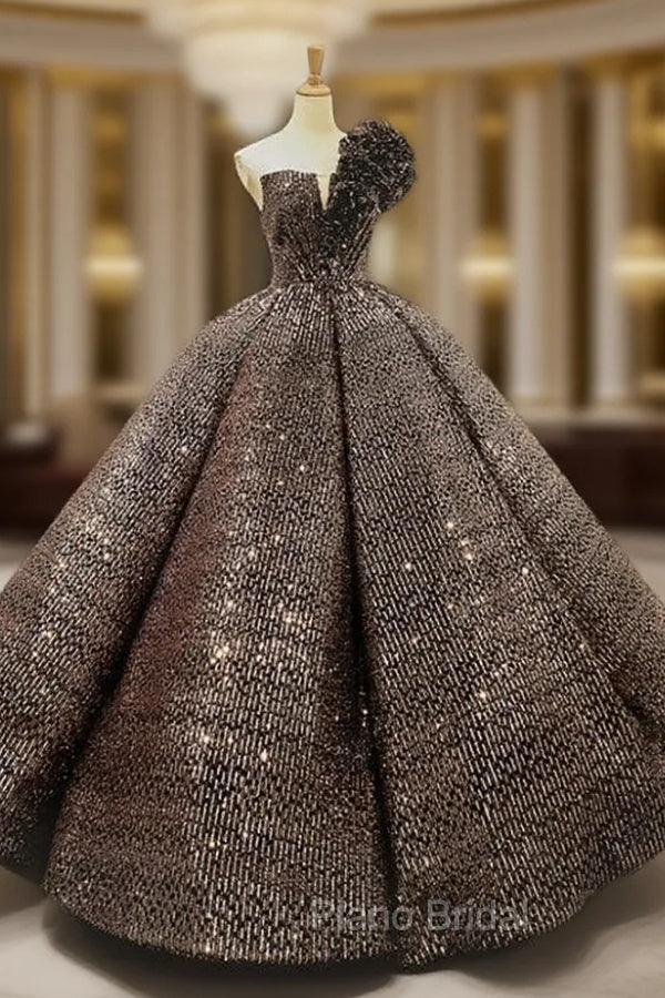 Black Gold Ball Gown Sequins One Shoulder Luxury Formal Prom Dresses Main image