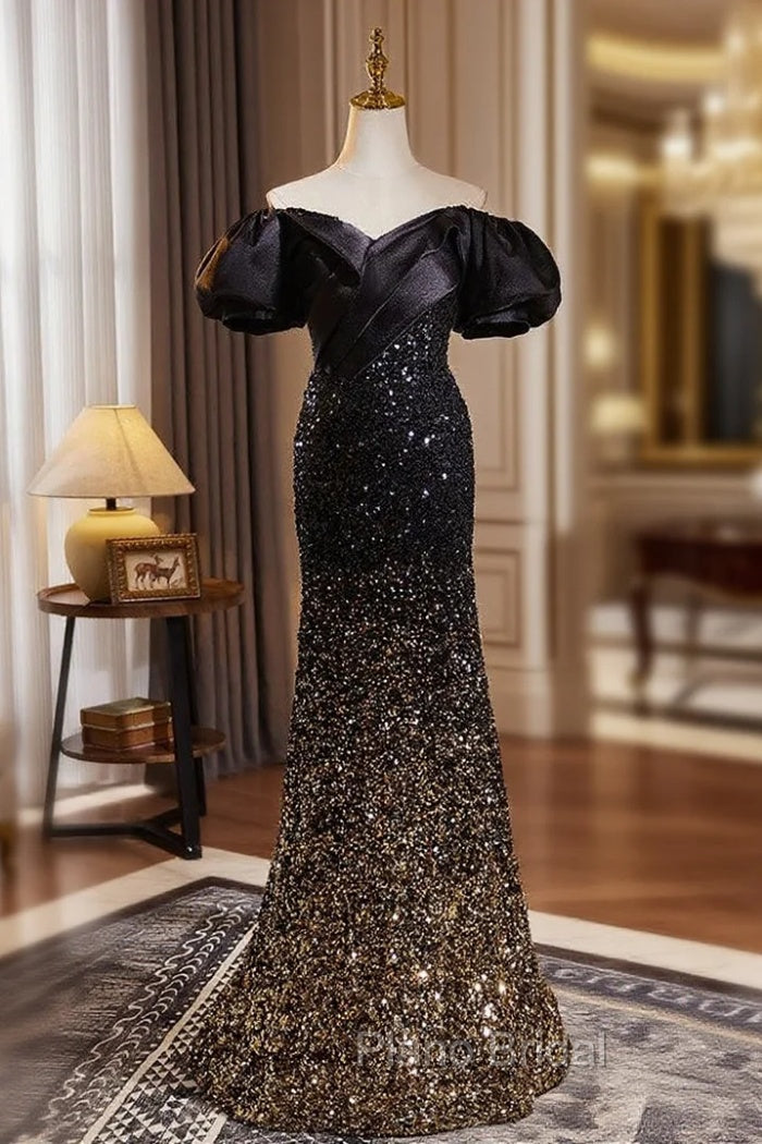 Black Gold Mermaid Sequins Off the Shoulder Formal Prom Dresses Main image