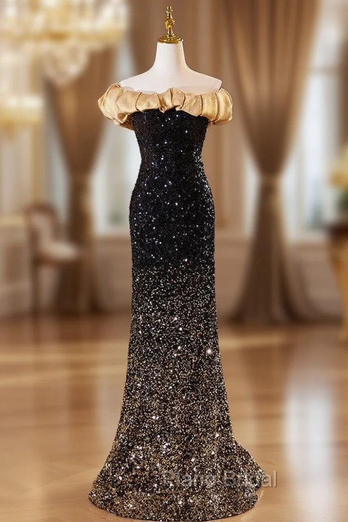 Black Gold Sequins Mermaid Formal Prom Dresses