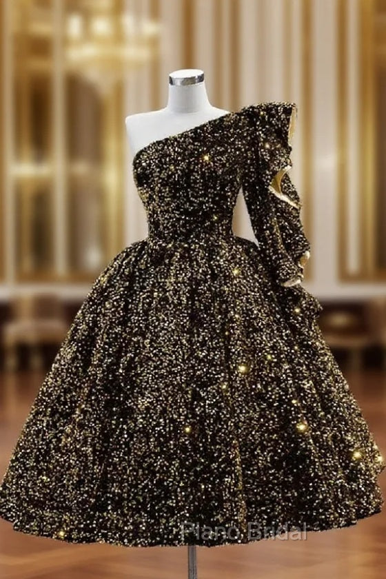 Black Gold Sequins One Shoulder Short Formal Prom Dresses