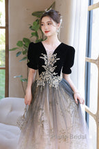 Black Gradient Tulle And Velvet Short Sleeves Party Dresses, A-Line Tulle Long Formal Dresses