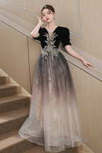 Black Gradient Tulle And Velvet Short Sleeves Party Dresses, A-Line Tulle Long Formal Dresses