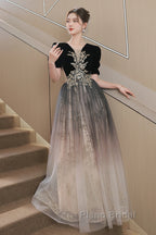 Black Gradient Tulle And Velvet Short Sleeves Party Dresses, A-Line Tulle Long Formal Dresses
