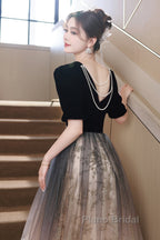 Black Gradient Tulle And Velvet Short Sleeves Party Dresses, A-Line Tulle Long Formal Dresses