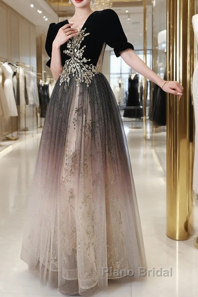 Black Gradient Tulle And Velvet Short Sleeves Party Dresses, A-Line Tulle Long Formal Dresses