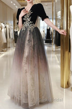Black Gradient Tulle And Velvet Short Sleeves Party Dresses, A-Line Tulle Long Formal Dresses
