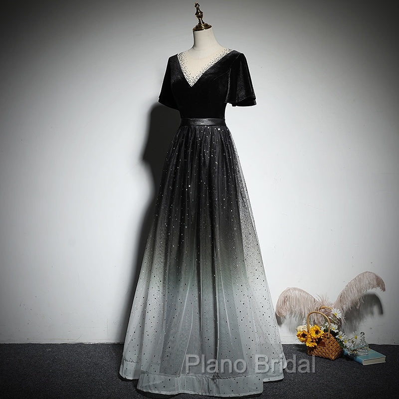 Black Gradient tulle and Velvet Short Sleeves V-neckline Tulle Party Dresses, Black Tulle Formal Prom Dresses Secondary image