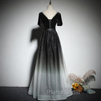 Black Gradient tulle and Velvet Short Sleeves V-neckline Tulle Party Dresses, Black Tulle Formal Prom Dresses