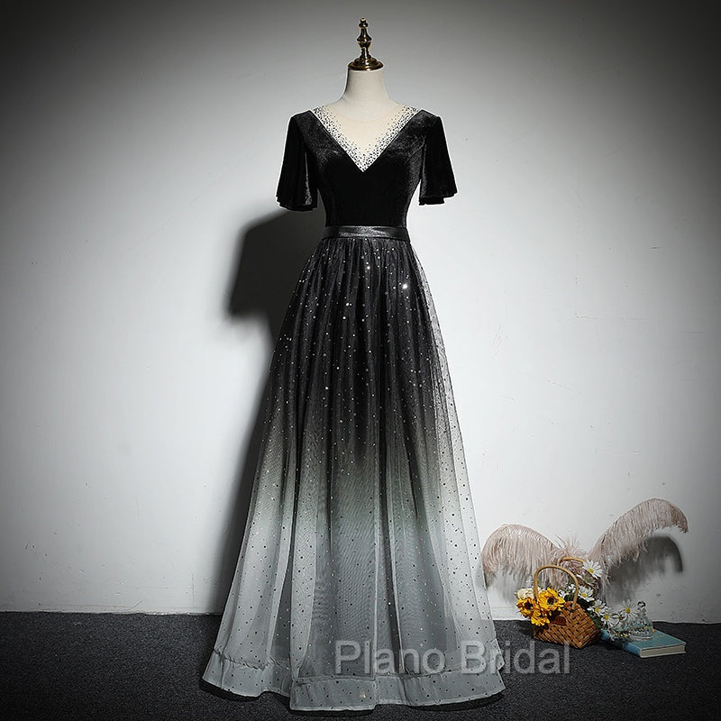 Black Gradient tulle and Velvet Short Sleeves V-neckline Tulle Party Dresses, Black Tulle Formal Prom Dresses