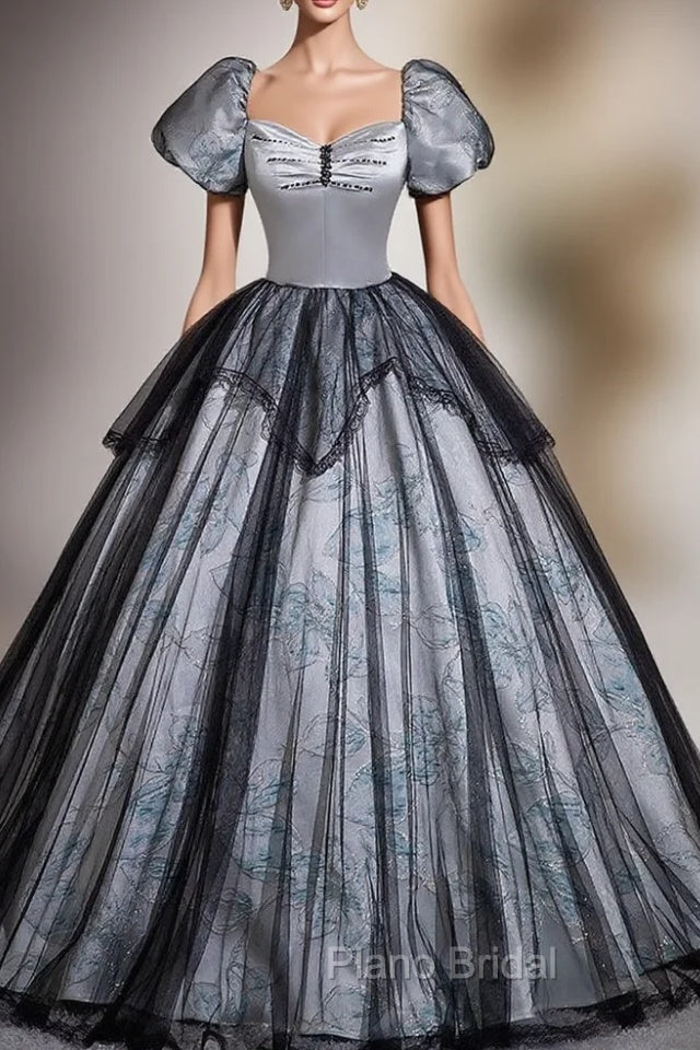 Black Gray Tulle Puff Sleeve Beading Quinceanera Dresses