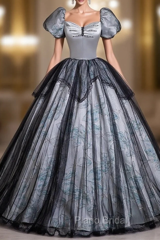 Black Gray Tulle Short Sleeve Quinceanera Dresses