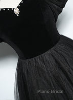 Black Haler Tulle And Velvet Long Formal Prom Dresses, Black A-Line Tulle Evening Dresses