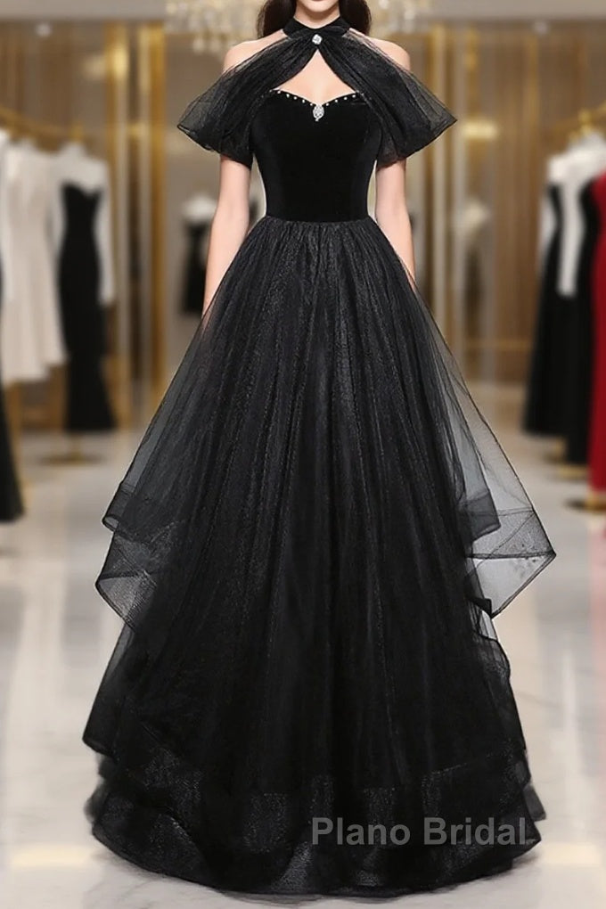 Black Haler Tulle And Velvet Long Formal Prom Dresses, Black A-Line Tulle Evening Dresses Main image