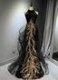 Black Halter A-Line Tulle And Sequins Formal Evening Dresses, Black Long Formal Prom Dresses Party Dresses