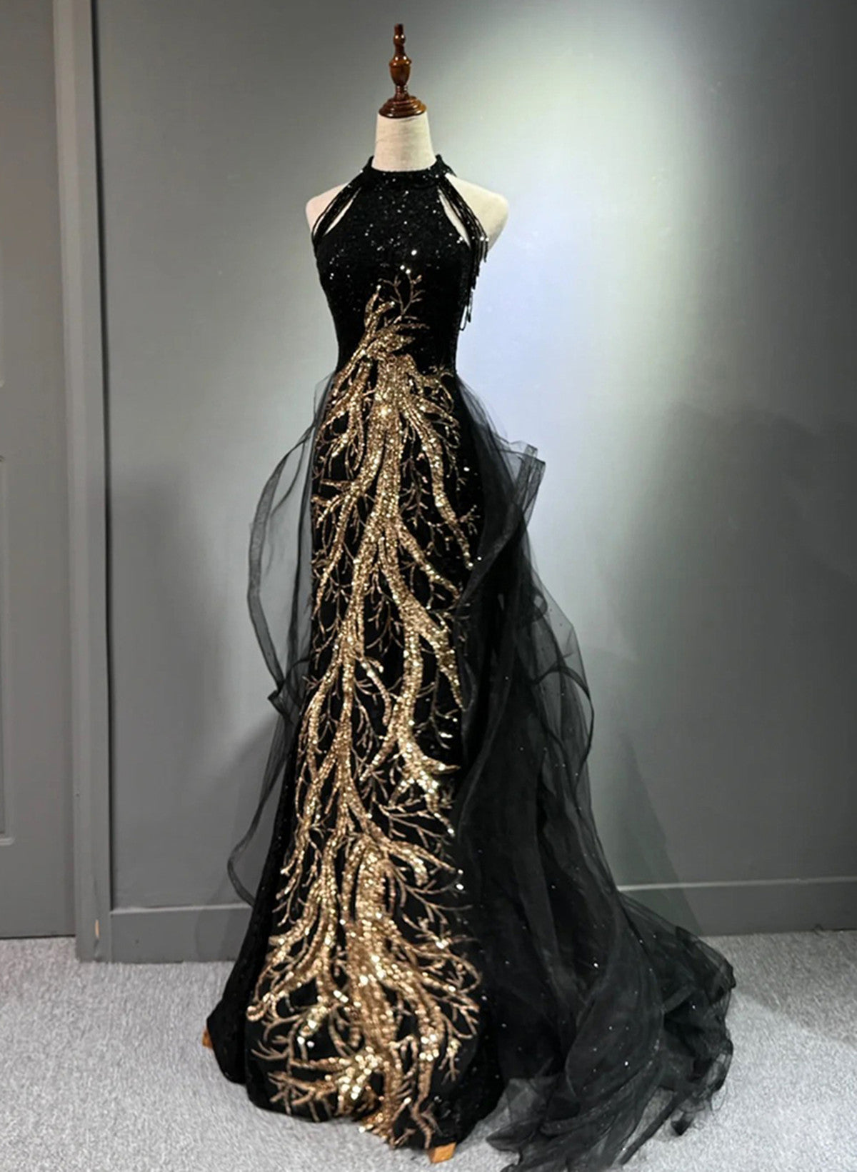 Black Halter A-Line Tulle And Sequins Formal Evening Dresses, Black Long Formal Prom Dresses Party Dresses