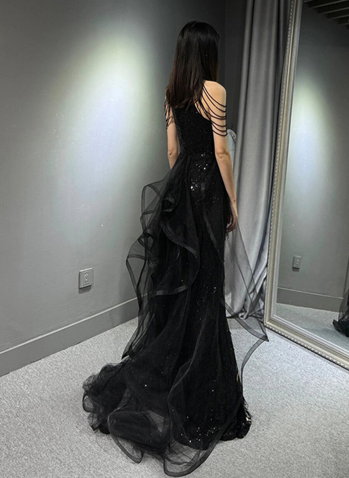 Black Halter A-Line Tulle And Sequins Formal Evening Dresses, Black Long Formal Prom Dresses Party Dresses