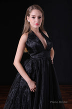 Black Halter Deep V neck Backless Tulle Floro Length Prom Dresses