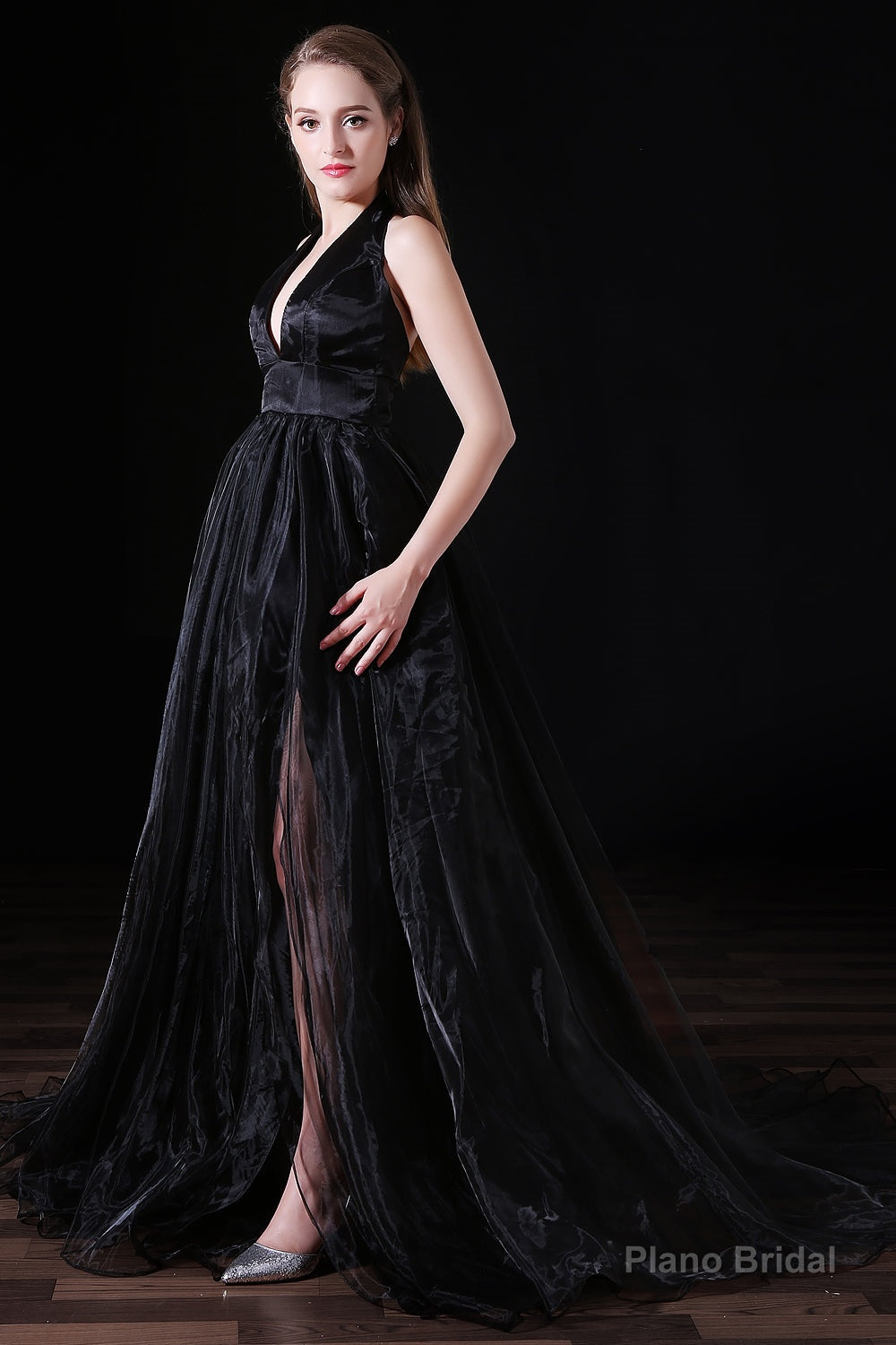 Black Halter Deep V neck Backless Tulle Floro Length Prom Dresses