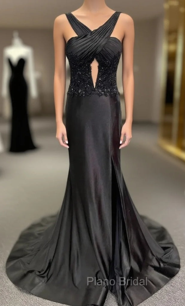Black Halter Long Formal Prom Dresses with Corset Top and Slit Skirt Main image