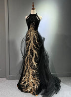 Black Halter Sequins Long Party Dresses With God Lace, Black Long Formal Evening Dresses