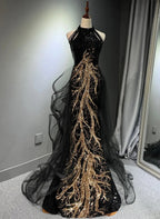 Black Halter Sequins Long Party Dresses With God Lace, Black Long Formal Evening Dresses