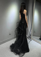 Black Halter Sequins Long Party Dresses With God Lace, Black Long Formal Evening Dresses