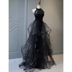 Black Halter Shiny Tulle Long Party Dresses With Beadings, Black Tulle Formal Prom Dresses