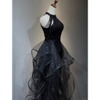 Black Halter Shiny Tulle Long Party Dresses With Beadings, Black Tulle Formal Prom Dresses