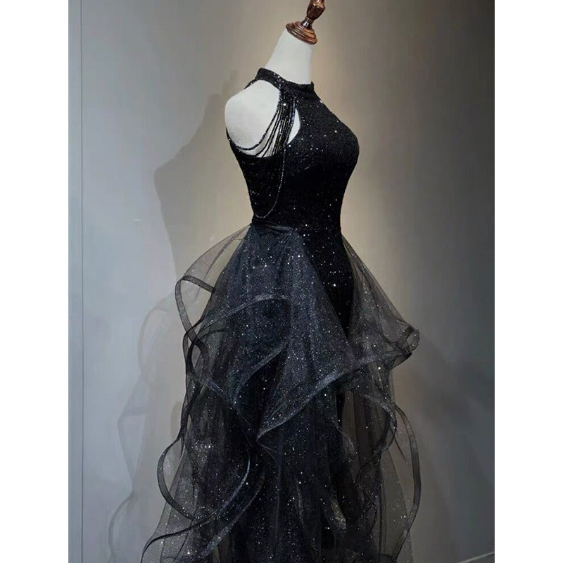 Black Halter Shiny Tulle Long Party Dresses With Beadings, Black Tulle Formal Prom Dresses
