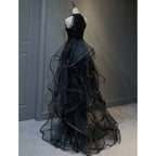 Black Halter Shiny Tulle Long Party Dresses With Beadings, Black Tulle Formal Prom Dresses