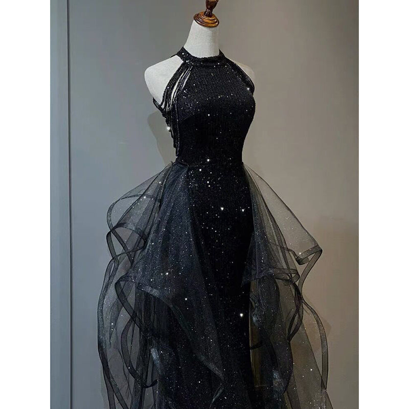 Black Halter Shiny Tulle Long Party Dresses With Beadings, Black Tulle Formal Prom Dresses