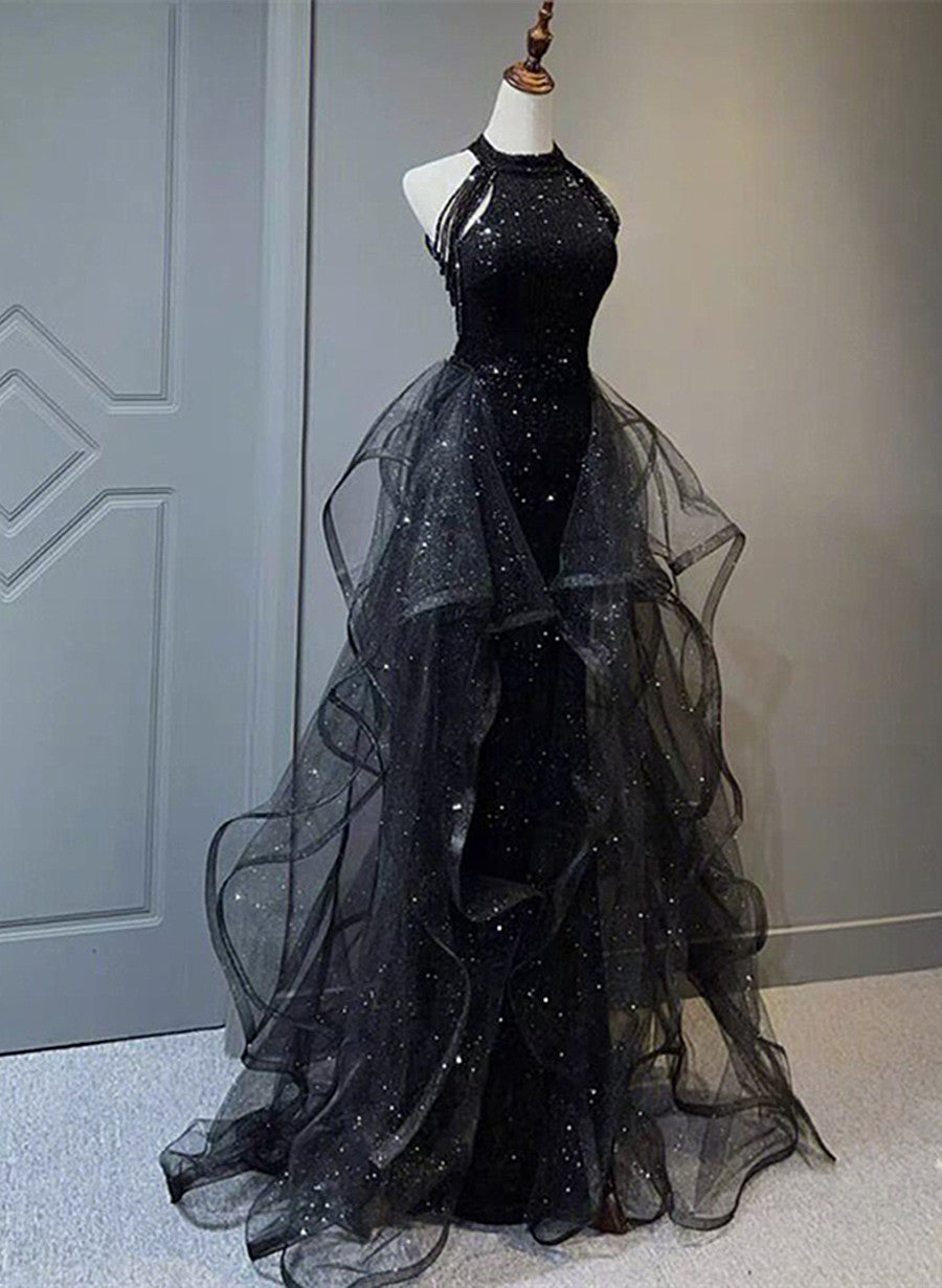 Black Halter Shiny Tulle Long Party Dresses With Beadings, Black Tulle Formal Prom Dresses Main image