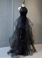 Black Halter Shiny Tulle Long Party Dresses With Beadings, Black Tulle Formal Prom Dresses