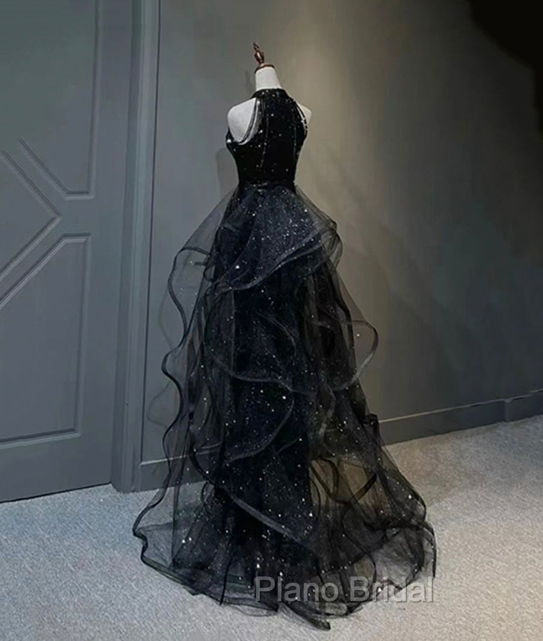 Black Halter Shiny Tulle Long Formal Prom Dresses, Black Tulle Evening Dresses with Sequins Secondary image