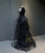Black Halter Shiny Tulle Long Formal Prom Dresses, Black Tulle Evening Dresses with Sequins