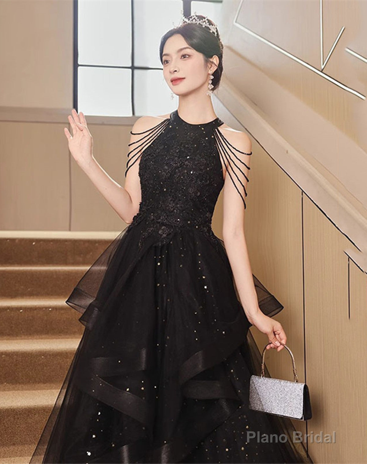 Black Halter Tulle Layers Long Formal Dress, Black Tulle Prom Dress Secondary image