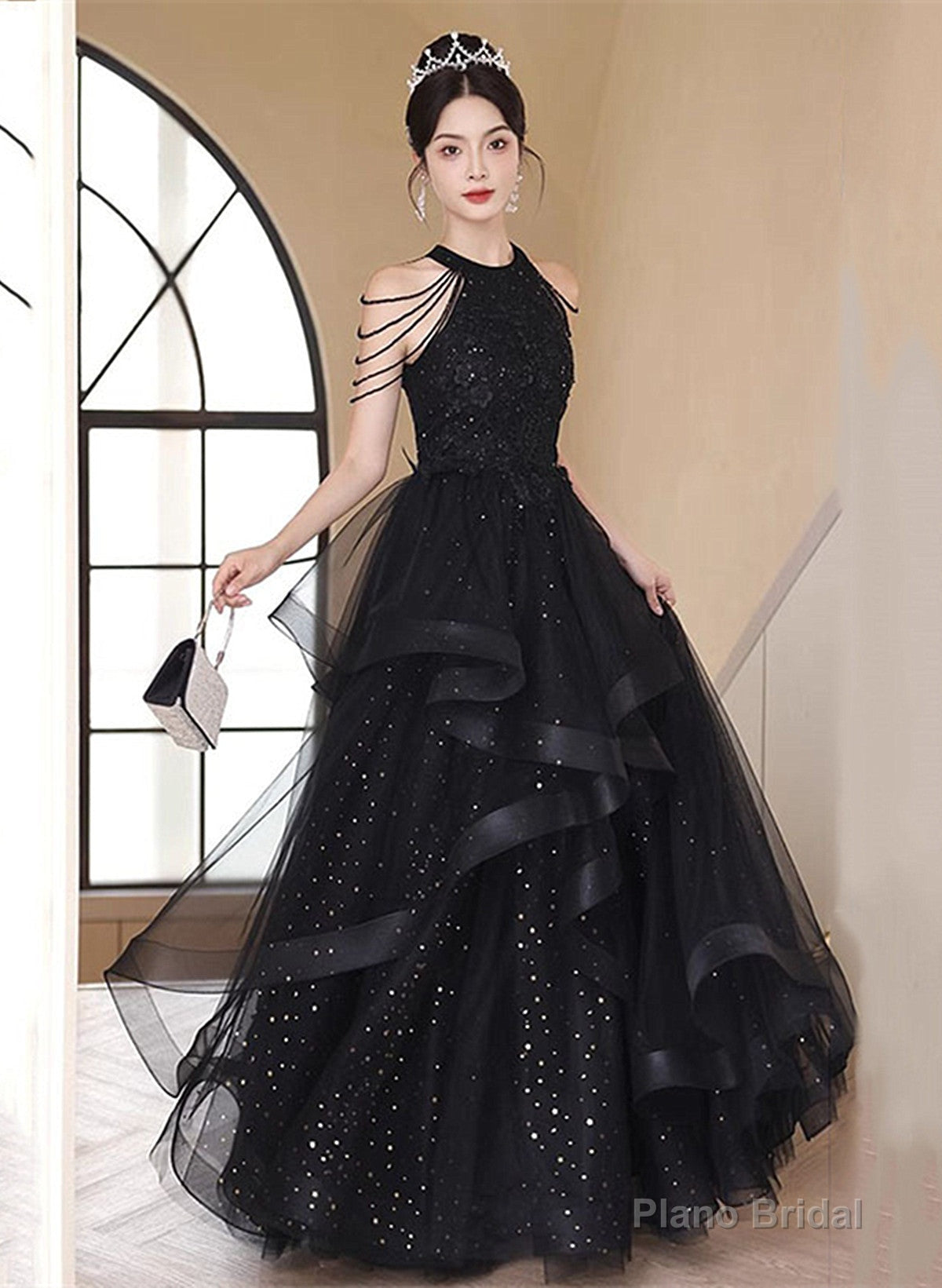 Black Halter Tulle Layers Long Formal Dress, Black Tulle Prom Dress Main image