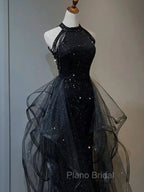 Black Halter Tulle Layers Long Formal Prom Dresses with Sequins, Black Party Dresses