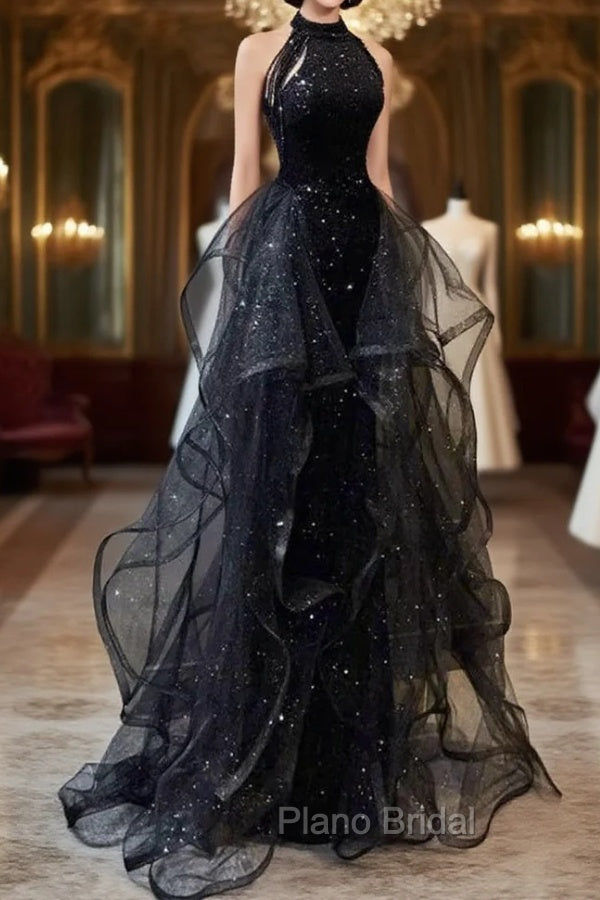 Black Halter Tulle Layers Long Formal Prom Dresses with Sequins, Black Party Dresses