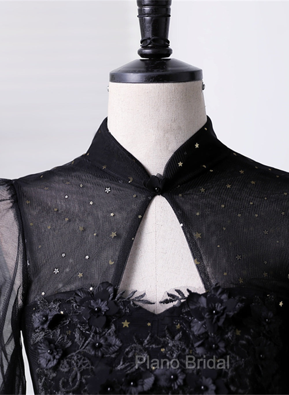 Black High Neckline Long Sleeves Tulle Sweet 16 Dresses, Black Ball Gown Formal Dresses